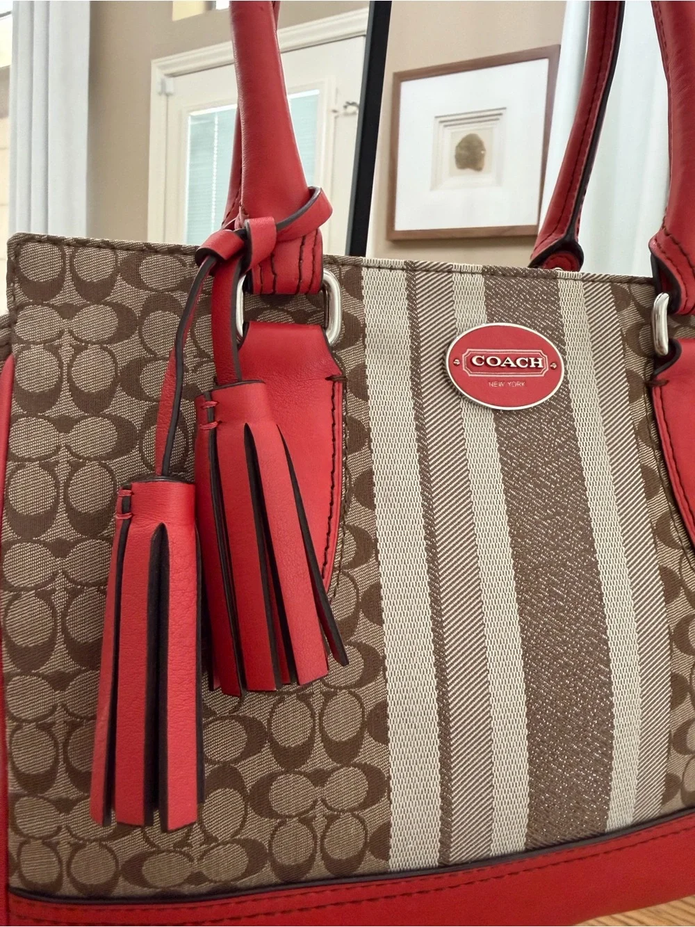 SOLD! Coach Legacy Signature Stripe Tote in Coral/Red and Brown